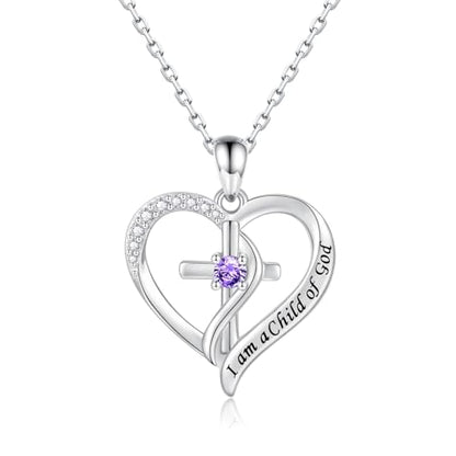 925 Sterling Silver I Am a Child of God Scripture Pendant with Birthstone Heart Cross Communion Necklace for Women Christian Faith Jewelry Gift - color: February