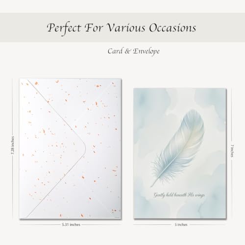 Religious Greeting Card Single Feather Design – “Gently Held Beneath His Wings” – 5x7 Inch Religious Card with Envelope for Sympathy Condolence Prayer Comfort – Faith Encouragement Spiritual Memorial Card — Single Card - color: Single Feather