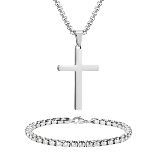 NORBU Stainless Steel Cross Necklace and Bracelet Set for Men, Cuban Link - color: Silver Box
