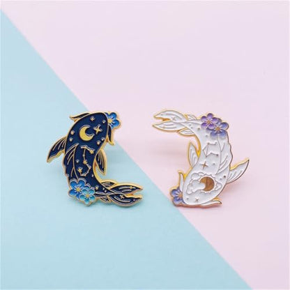 2Pcs coadipress Lovely Fish Brooch Enamel Lapel Brooches Pin Set Cute Cartoon Koi Fish Pins for DIY Backpacks Clothes Bags Jackets Hat Jewelry Accessories Gift - color: Flower Black White