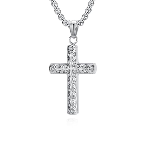 Men's Cross Necklace, Vine Design Iced‑Out Cubic Zirconia - color: silver
