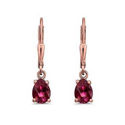 Teardrop Bridal Dangling Leverback Earrings Pear Cubic Zirconia 925 Sterling Silver - color: Rose Tone, Simulated Ruby CZ
