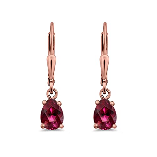 Teardrop Bridal Dangling Leverback Earrings Pear Cubic Zirconia 925 Sterling Silver - color: Rose Tone, Simulated Ruby CZ