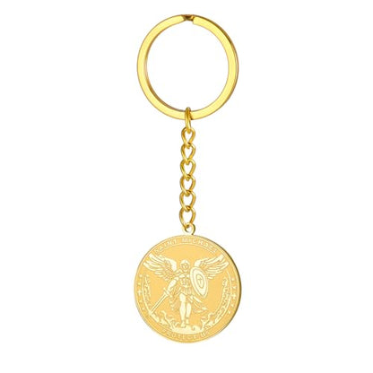 TEAMER Saint Michael Keychain Stainless Steel Religious St. Michael Keychain The Great Protector Archangel Amulet Jewelry - color: Gold