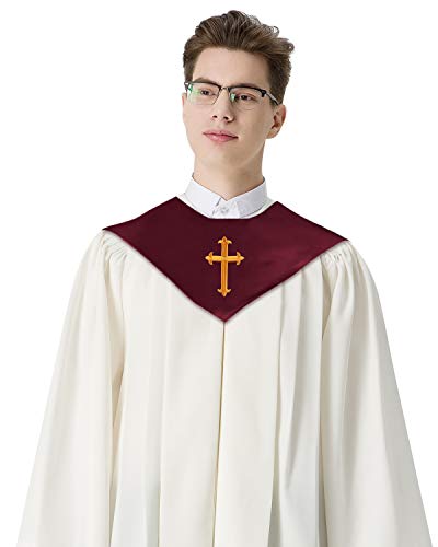 IvyRobes Unisex V Shape Solid-Colored Choir Stole with Cross - color: Maroon