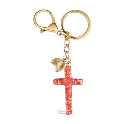 Angyape Cute Christian Cross Keychain for Women Purse Bag Charms Car Key Rings Accessories Flower Design Jesus Faith Gifts - color: N：red