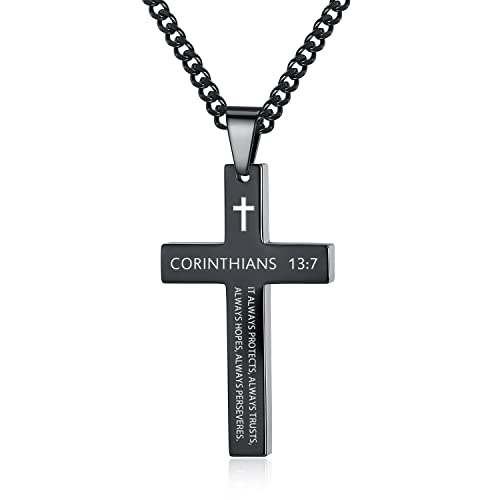 REVEMCN Black & Silver Bible Verse Cross Necklace for Men Boys 20-24" Chain - color: Corinthians 13:7 - Black