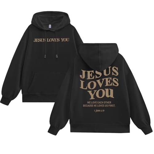 Christian Jesus Loves You Hoodies for Teen Religious Faith Sweatshirts Bible Verse Graphic Youth Hoodie - color: Black, size: Medium