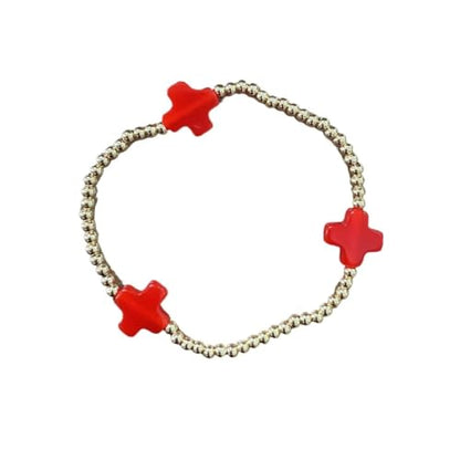 Colorful Cross Charm Bracelets for Women Men Adjustable Gold Plated Beaded Bracelet Boho Bead Ball Stretch Bracelet Birthday Summer Beach Jewelry - color: Red