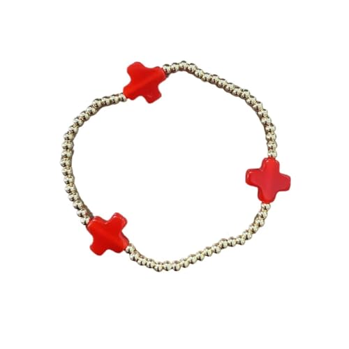 Colorful Cross Charm Bracelets for Women Men Adjustable Gold Plated Beaded Bracelet Boho Bead Ball Stretch Bracelet Birthday Summer Beach Jewelry - color: Red