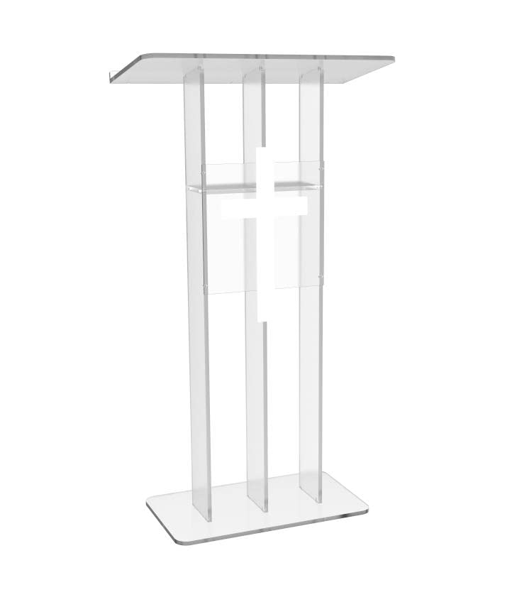 FixtureDisplays® Clear Podium Plexiglass Lecturn Transparent Church Pulpit with Christian Church White Cross Trinity Style Easy Assebmly Required 15411+1803CROSS