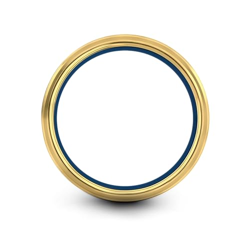 Gift for Nautical Fan - Anchor With Rope Ring - Men Women - Tungsten - Flat Dome Bevel - Band - Yellow Gold Black Silver Blue - Anniversary Wedding - 8mm - Brushed Polished - Personalized Custom Engra - color: 09 - Yellow Gold Blue Grey Tungsten