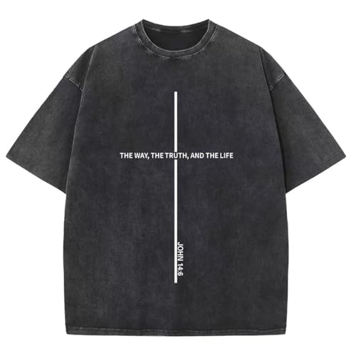 Christian Shirts for Men The Way The Truth The Life Shirt Jesus God Cross Bible Verse Oversized Washed Graphic Tees - color: Black, size: X-Large