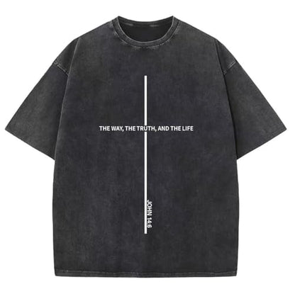 Christian Shirts for Men The Way The Truth The Life Shirt Jesus God Cross Bible Verse Oversized Washed Graphic Tees - color: Black, size: 3X-Large