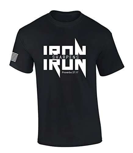 Iron Sharpens Iron Proverbs 27:17 Heavy Metal Logo Bible Scripture Mens Christian Tshirt Jesus Cross Short Sleeve Graphic Tee - color: Black, size: Small