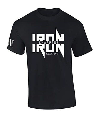Iron Sharpens Iron Proverbs 27:17 Heavy Metal Logo Bible Scripture Mens Christian Tshirt Jesus Cross Short Sleeve Graphic Tee - color: Black, size: X-Large