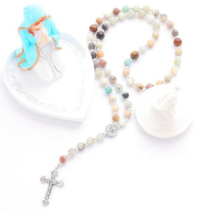 Rosary for Men Women, Natural Stone Beads with St. Benedict Bracelet - color: Amazonite
