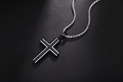 Holizaly Men's Cross Necklace 316L Stainless Steel Pendant White/Gold/Black/Blue Rolo Chain-Gift Box Included - color: Black silver