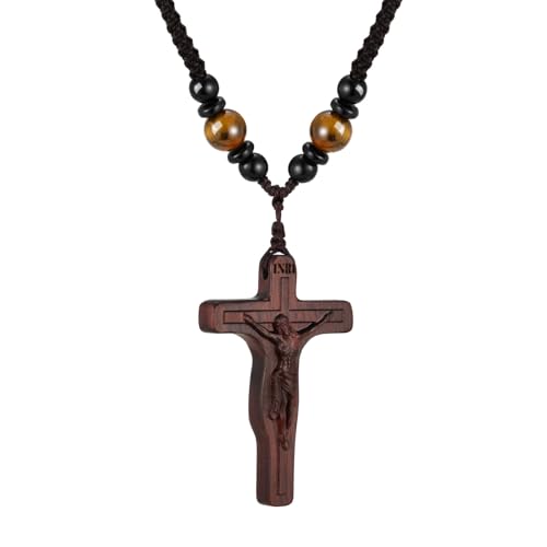 MEALGUET Handmade Wooden Crucifix Cross Necklace with Jesus - Natural Solid Wood Adjustable Braided Rope Cross Necklace for Men Women Religious Jewelry,Catholic Gift for Baptism Confirmation Easter