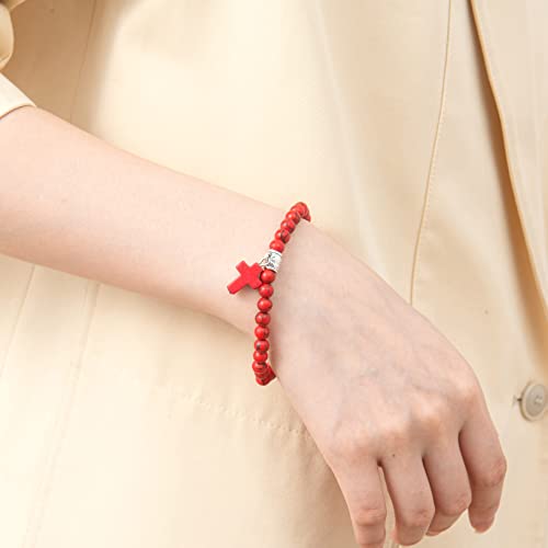 Softones 6mm Bead Cross Pendant Bracelet for Women Healing Stone Stretch Prayer Bracelet for Women,with Gift Box - color: Red Turquoise