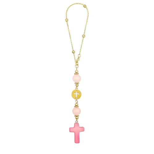Cross Crystal Hanging Car Charm,Pink Rose Quartz Crystal Cross Car Mirror Hanging Accessories,Handmade Sun Catcher Healing Stone Ornament,Perfect Spiritual Accessories for Women Gifts - color: Pink