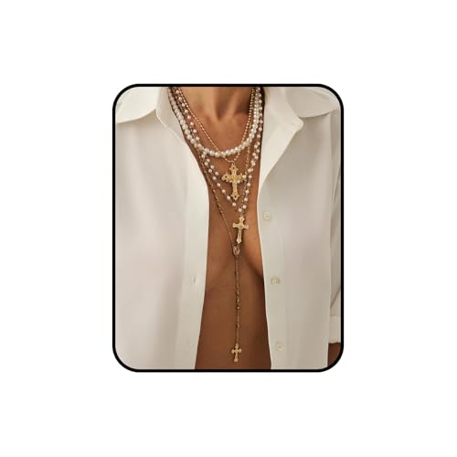 Layered Cross Necklace Set for Women – Vintage Gold Pearl Choker, Multi-Strand Chain with Religious Pendant, Trendy Baroque Statement Jewelry, Adjustable Fashion Gift - color: 4 Layer Gold Cross