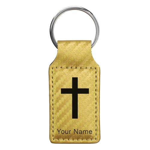 LaserGram Rectangle Keychain, Christian Cross, Personalized Engraving Included - color: Carbon Fiber Gold