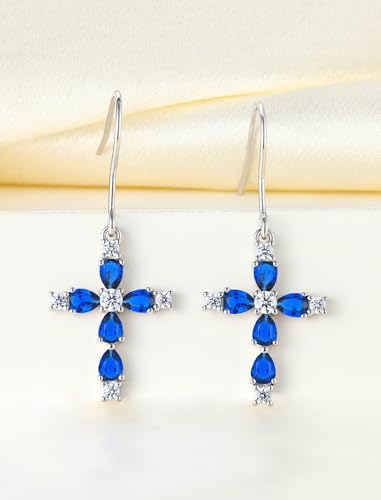 YL 925 Sterling Silver Cross Dangle Earrings Halo Birthstone Hook Earrings Religious Jewelry for Women - color: 9-sapphire-Sept