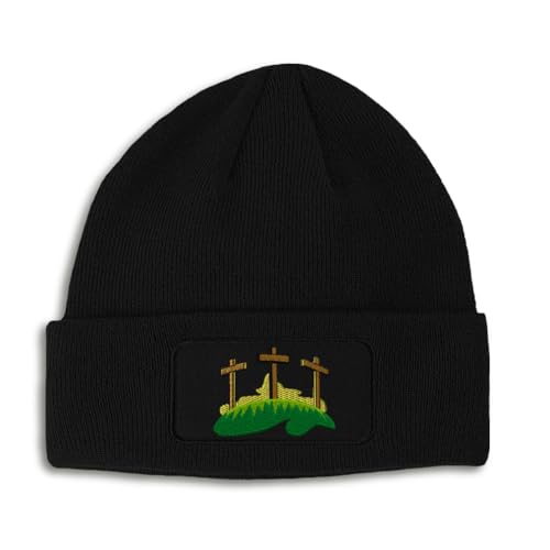 Custom Patch Beanie Three Crosses God Jesus Christian Skull Cap Hats for Men & Women Acrylic One Size - color: Black Design Only