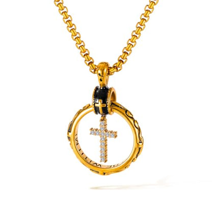 Eternity Cross Ring Pendant Necklace Stainless Steel Pendant Necklace for Men Christmas Gift for Husband,Christmas Stocking Stuffer for Him - color: Diamond Accen-Gold