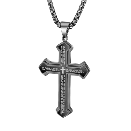 Cross Pendant for Car Rear View Mirror Hanging Charm Car Decor Mirror Accessories Ornament Auto Interior Jesus Cross Necklace with Lord's Prayer Men Christian Gift - color: Black
