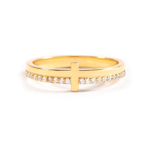 STORYJEWELLERY Cross Rings for Women, 925 Sterling Silver Purity Ring with Cubic Zirconia, Dainty Christian Jewelry, Confirmation and Baptism Gifts - color: Cross Ring-925 Sterling Silver with 18K Gold
