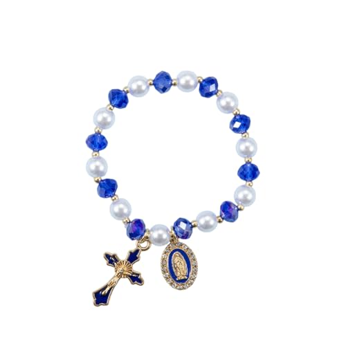 Stretchy Virgin Mary Bracelet with Cross Charm - Multi-Color Pearl Crystal Beaded Catholic Religious Jewelry for Women, Christian Gift for Baptism Confirmation First Communion - color: Blue