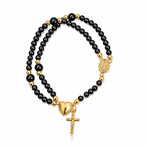 Grace & Faith: Handmade Rosary God Beads Bracelet Virgin Mary Cross Double Layer Chain Crucifix Religious Christian Faith Jewelry - color: Black&Gold Heart