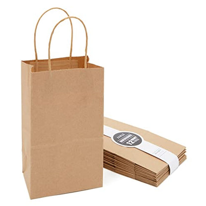 Juvale Mini Gift Bags with Handles - Brown Paper Party Favor Bags with Handles - Long & Narrow Design for DIY & Craft Fairs - 3 x 5.25 x 8.5 In, Brown, 12 Pack - style: Medium