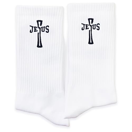 Christian Embroidered Crew Socks, Jesus Faith Religious Socks for Women and Men, Cross Scripture Novelty Gift Socks - color: Esus Cross Letter White