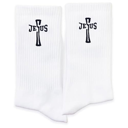 Christian Embroidered Crew Socks, Jesus Faith Religious Socks for Women and Men, Cross Scripture Novelty Gift Socks - color: Esus Cross Letter White