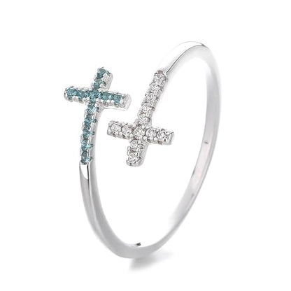 Faith Cross Wrap Ring for Women 925 Sterling Silver Adjustable Cubic Zirconia Double Cross Open Finger Rings Stackable Crystal Wedding Engagement Promise Bands Dainty Christian Religious Jewelry