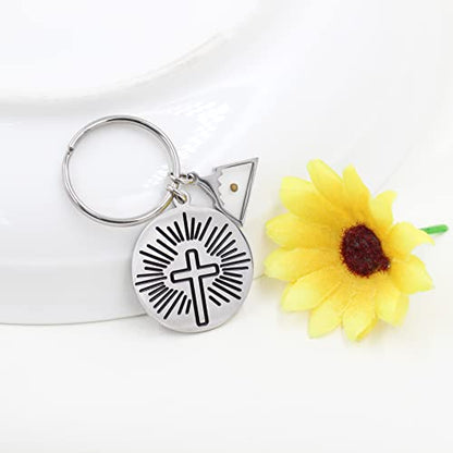 Uloveido Stainless Steel Faith Cross Keychain & Jesus Loves Me Christian Keyring Mustard Seed Charms Religious Jewelry - style: Sun Ray-triangle