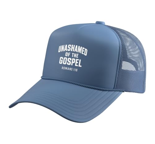 Unashamed of the Gospel, Christian Teen Romans 1:16 Trucker Hat with Adjustable Mesh Back - color: Light Blue