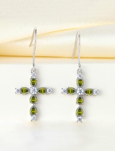 YL 925 Sterling Silver Cross Dangle Earrings Halo Birthstone Hook Earrings Religious Jewelry for Women - color: 8-peridot-Aug