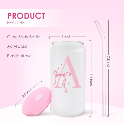 SANDJEST Monogrammed Glass Drinking Can Cup with Acrylic Lid and Straw, Personalized Frosted Iced Coffee Tumbler 16oz, Monogram Initial Gifts for Women Girls on Birthday (A) - color: Letter A