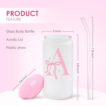 SANDJEST Monogrammed Glass Drinking Can Cup with Acrylic Lid and Straw, Personalized Frosted Iced Coffee Tumbler 16oz, Monogram Initial Gifts for Women Girls on Birthday (A) - color: Letter A
