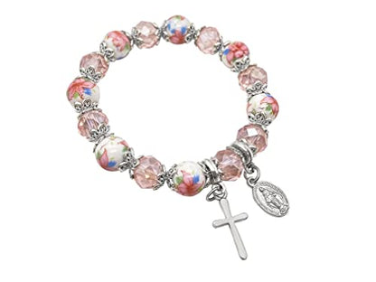 Nazareth Store Religious Cross Bracelet Pink Crystal Beaded Stretch Rosary Bracelet with Ceramic Flowers Beads Bangle Crucifix & Miraculous Medal Charm