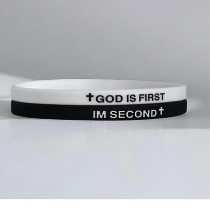 GOD IS FIRST BRACELET,IM Second Christian Rubber Inspirational Bible Verses Bracelets Motivational Jewelry Gifts for Men Women - color: 2Set Black+White
