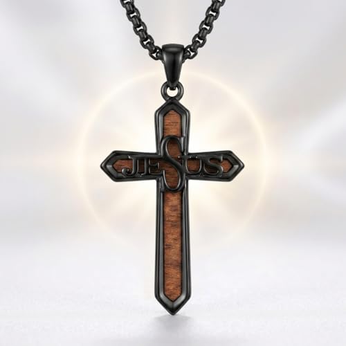 Cross Necklace for Men 925 Sterling Silver Cross Ebony Wooden Ankh Raven Praying Hands Crucifix Amulet Religious Jewelry Gifts for Men Women - color: Cross9