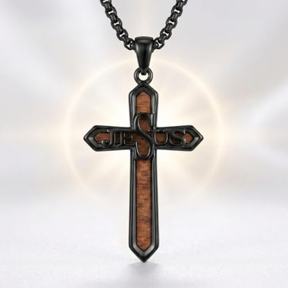 Cross Necklace for Men 925 Sterling Silver Cross Ebony Wooden Ankh Raven Praying Hands Crucifix Amulet Religious Jewelry Gifts for Men Women - color: Cross9