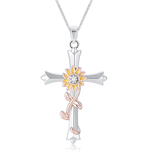 ACECHA Silver Cross Necklace for Women, Crosses Pendant with Birthflower - color: Sunflower-Happiness