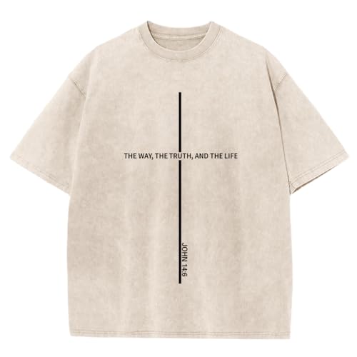 Christian Shirts for Men The Way The Truth The Life Shirt Jesus God Cross Bible Verse Oversized Washed Graphic Tees - color: Apricot, size: Medium