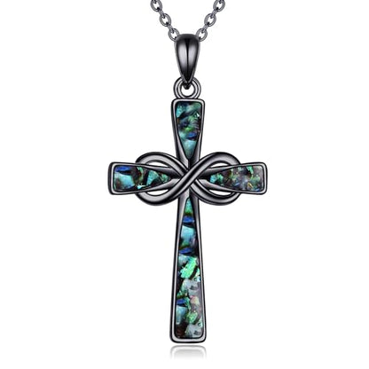 Infinity Cross Necklace S925 Sterling Silver Turquoise/Wooden/Opal/Abalone Cross Pendant Necklaces Christian Jewelry Gifts For Women - style: Black Abalone